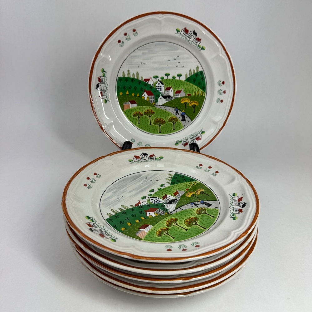 Vintage Newcor Stoneware Country Village 7” Salad Plates Set of 6 Japan